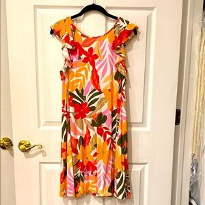 LOFT Vibrant Tropical Patterned A-Line Dress with Ruffle Sleeves